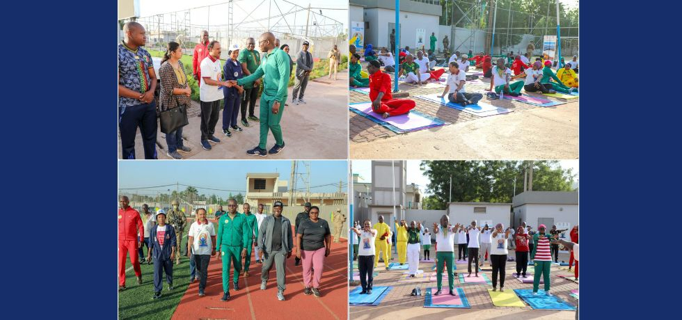 A Yoga session for Hon’ble members of the National Transitional Council (CNT) of Mali was held on 03 July 2026 as part of Sports Day. H.E. Lt. Gen. Malick Diaw, Hon’ble President, CNT & H.E. Mr. Abdoul Kassim Fomba, Hon’ble Minister of Youth & Sports participated in it.
