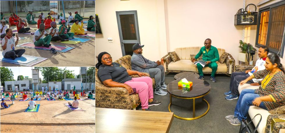   A Yoga session for Hon’ble members of the National Transitional Council (CNT) of Mali was held on 03 July 2026 as part of Sports Day. H.E. Lt. Gen. Malick Diaw, Hon’ble President, CNT & H.E. Mr. Abdoul Kassim Fomba, Hon’ble Minister of Youth & Sports participated in it.